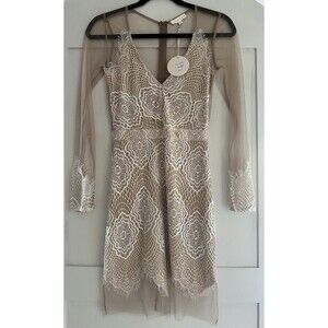 Luxxel Ivory Beige Lace Mesh Sheer Long Sleeved Short Length Dress Size S